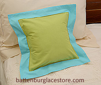 Pillow Sham 12" Square. MACAW Green with Aqua Blue color border - Click Image to Close